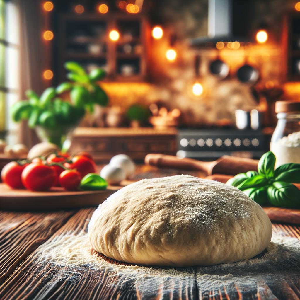 A close-up view of freshly made homemade pizza dough resting on a lightly floured wooden countertop, showcasing its soft, slightly risen texture with hints of air bubbles. The background features a softly blurred warm kitchen setting, with faint outlines of rustic shelves and cooking utensils, evoking a cozy atmosphere. Soft, natural light streams in through a nearby window, illuminating the dough’s surface and casting gentle shadows, while sprigs of basil and a dusting of flour add a touch of rustic charm.