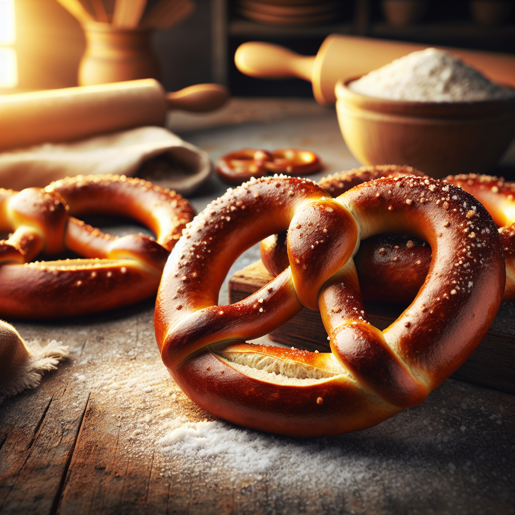 A close-up of freshly baked homemade pretzels, golden brown and crispy on the outside, with a soft, fluffy interior revealed by a perfect cut. Set against a softly blurred kitchen background featuring rustic wooden countertops and flour-dusted surfaces, the scene is illuminated by warm, natural light that highlights the pretzels' texture and sheen. Nearby, a small bowl of coarse sea salt and a wooden rolling pin add authentic culinary context, enhancing the inviting atmosphere of a cozy home kitchen.