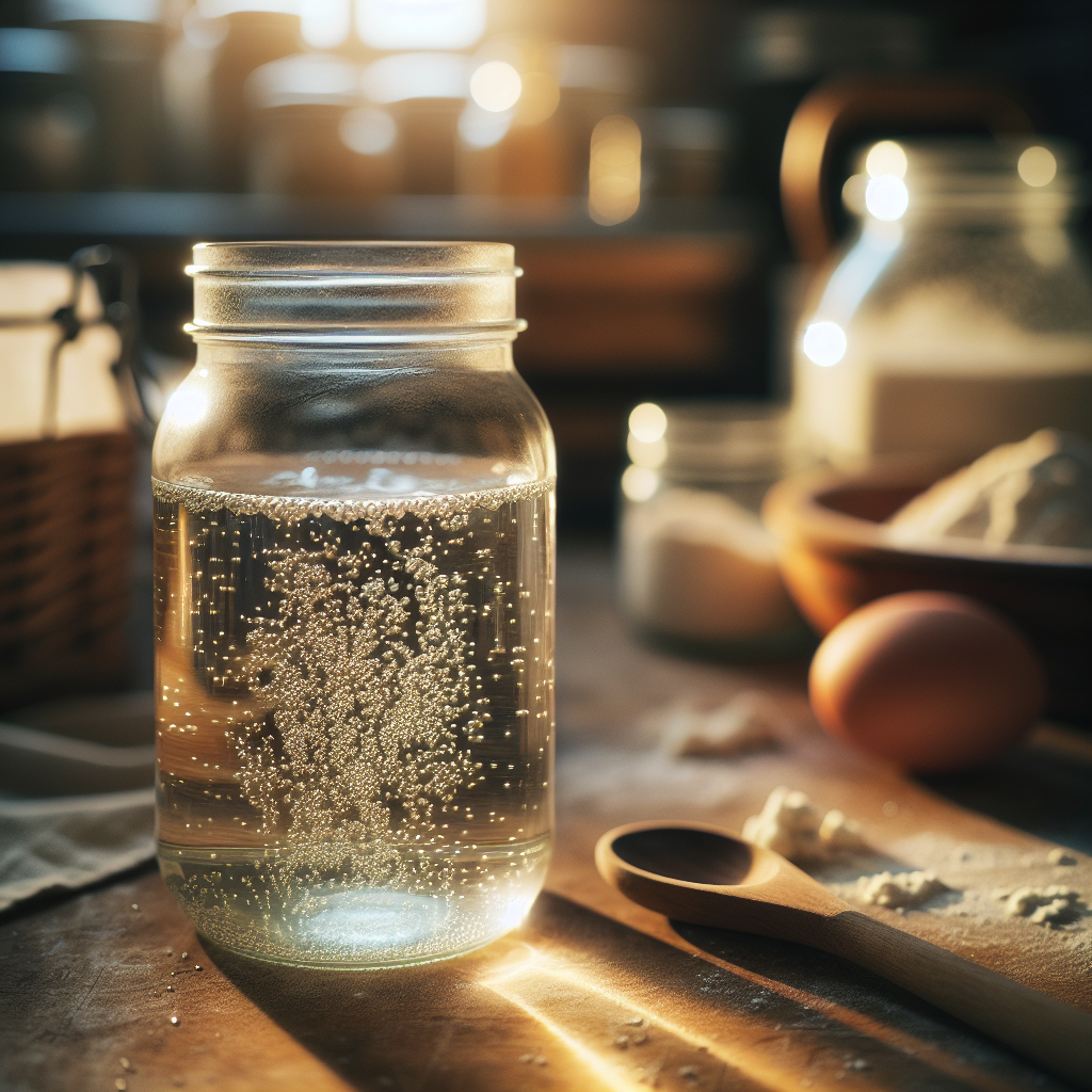 A close-up shot of a jar of homemade yeast water, its surface glistening with tiny bubbles, suggesting freshness and activity as it gently swirls within the glass. The background features a softly out-of-focus rustic kitchen with wooden countertops, where flour and ingredients hint at recent baking endeavors. Warm, natural light filters through a nearby window, casting gentle shadows and highlighting the rich textures of the jar and surrounding kitchen elements, like a wooden spoon and a sprinkling of flour.