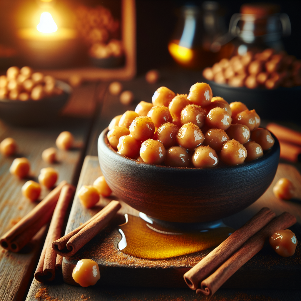 A close-up view of Honey-Cinnamon Chickpeas, beautifully glistening with a golden hue from the honey coating and sprinkled with a delicate dusting of cinnamon. Set in a cozy, softly lit home kitchen, the background is blurred to keep the focus on the chickpeas served in a rustic bowl made of dark wood, surrounded by a few scattered cinnamon sticks and a drizzle of honey on the table. The warmth of the lighting enhances the textures and colors, creating an inviting and appetizing atmosphere.