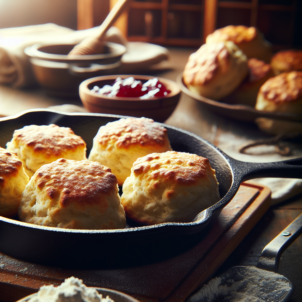 A close-up view of fluffy, golden-brown iron skillet biscuits, freshly baked and slightly cracked open to reveal their steamy, soft interior, sitting invitingly in a well-worn cast-iron skillet. The blurred background features a rustic kitchen with wooden cabinets and soft, warm lighting, creating a cozy atmosphere that enhances the appeal of the biscuits. A scattering of flour on the counter and a small dish of homemade strawberry jam beside the skillet add authenticity and warmth to the scene.