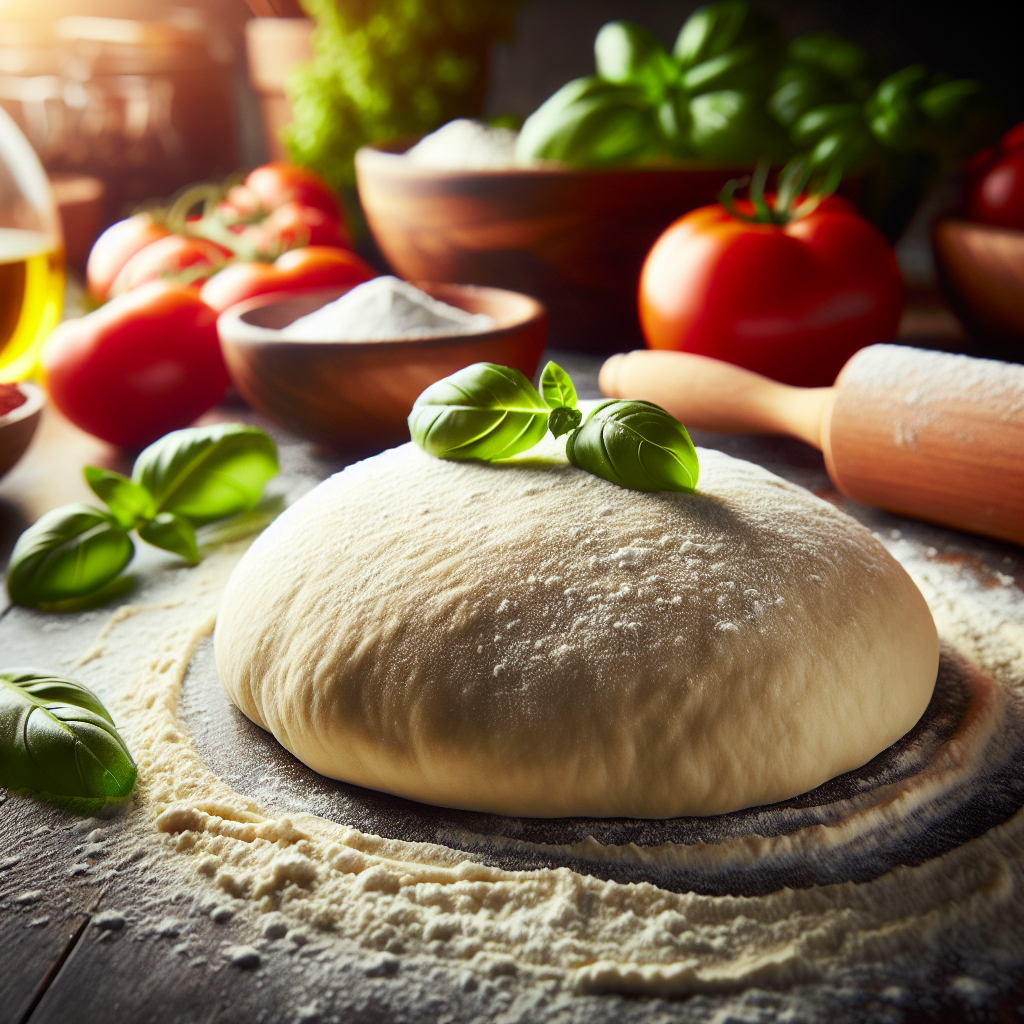 A close-up of freshly kneaded Italian pizza dough, its surface slightly dusted with flour, showcasing its smooth and elastic texture. The dough sits on a wooden countertop with a rolling pin nearby, surrounded by fresh ingredients like ripe tomatoes, basil leaves, and a sprinkle of salt, while a blurred kitchen scene in the background features warm, ambient lighting that enhances the cozy, inviting atmosphere. The contrast and brightness highlight the rich colors of the dough and ingredients, creating a visually appealing culinary moment.