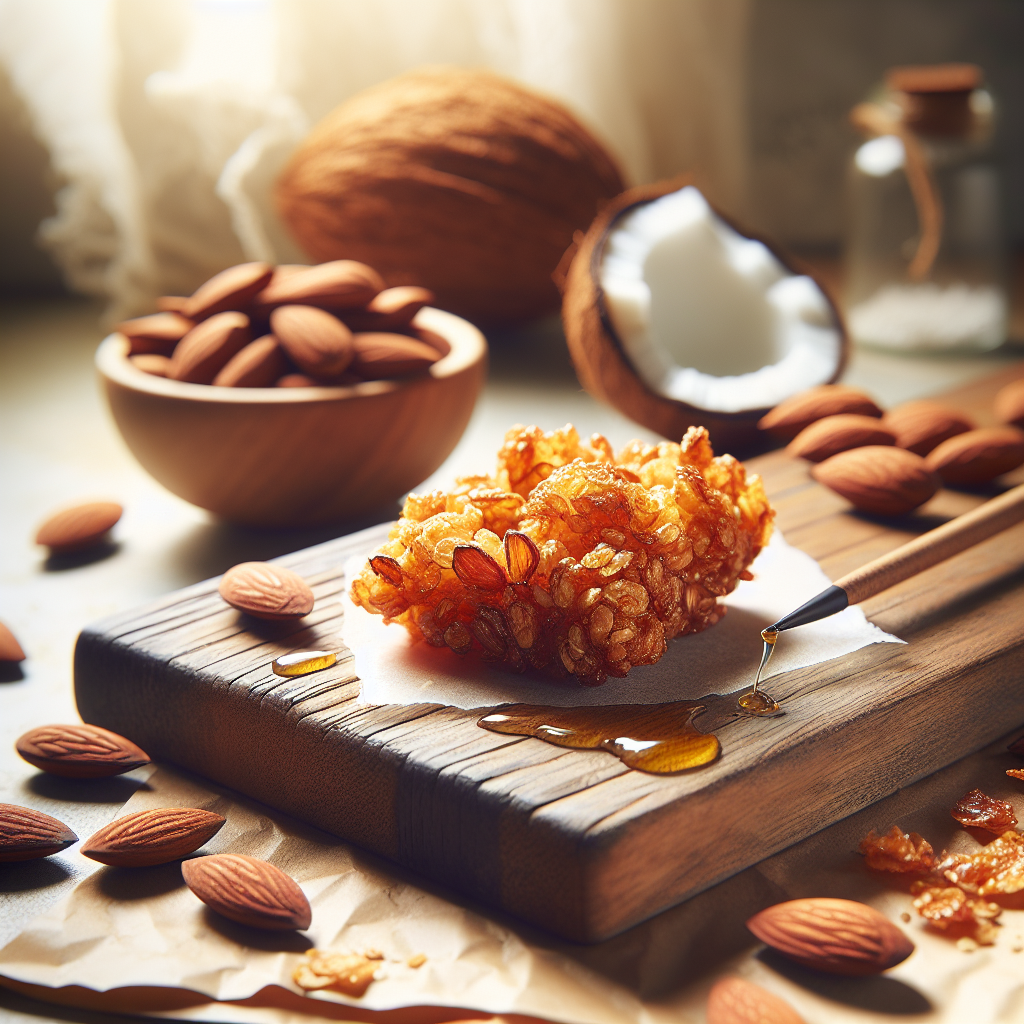 A close-up of a Keto Paleo Almond Crunch Snack, showing its golden-brown, nutty texture and glistening hints of honey or maple syrup, positioned on a rustic wooden cutting board. The background features a softly blurred home kitchen setting with hints of natural light streaming through a window, creating a warm and inviting atmosphere. Scattered around are a few whole almonds and coconut flakes, enhancing the artisanal feel while maintaining the focus on the snack itself.