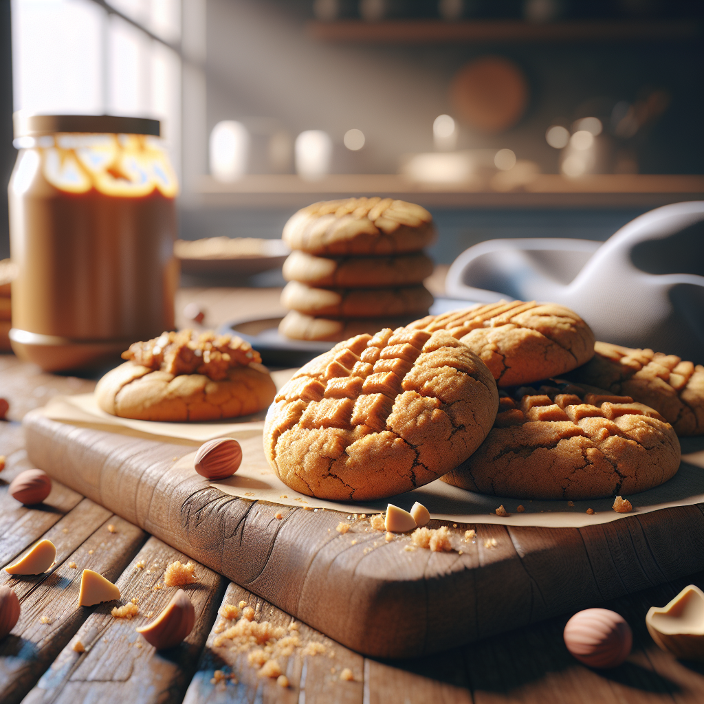 A close-up of freshly baked Keto Peanut Butter Cookies, perfectly golden-brown with a slightly cracked surface, arranged neatly on a rustic wooden cutting board, revealing a gooey, rich interior. In the softly blurred background, a modern kitchen counter is adorned with a jar of peanut butter and a sprinkle of chopped nuts, enhancing the homemade feel. Warm, natural light filters through a nearby window, casting gentle shadows and highlighting the textures of the cookies, creating an inviting and cozy atmosphere.