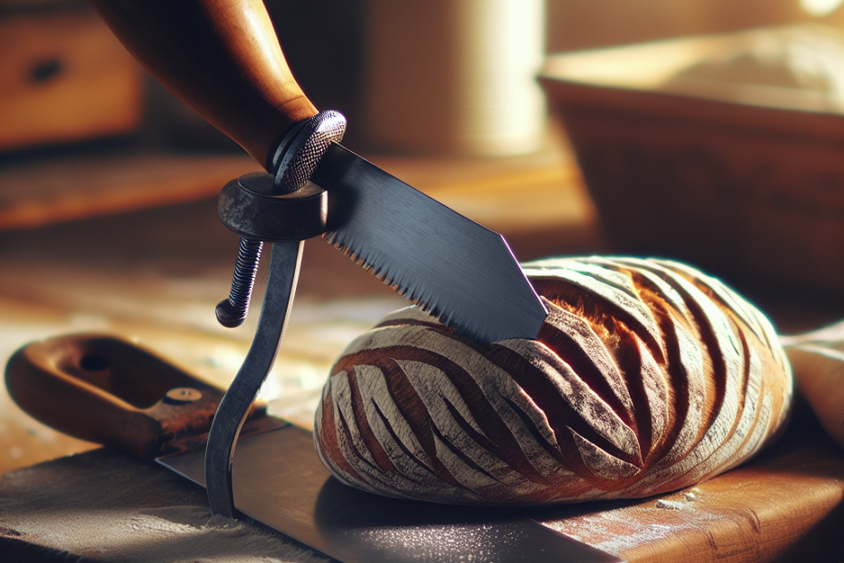 A baker's lame with a sharp curved blade poised above a rustic loaf of bread, scoring a decorative pattern into the dough. Soft focus kitchen counter in the background, warm golden lighting suggesting early morning, with a light dusting of flour visible on the wooden surface.