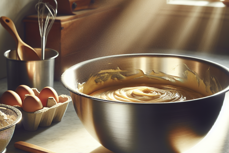 A large stainless steel mixing bowl filled with freshly mixed cake batter, positioned on a marble kitchen countertop. Soft, natural light streams in from a nearby window, highlighting the glossy surface of the bowl and creating gentle shadows. A wooden spoon rests on the rim, with traces of batter visible, while a sifter and a carton of eggs sit blurred in the background.