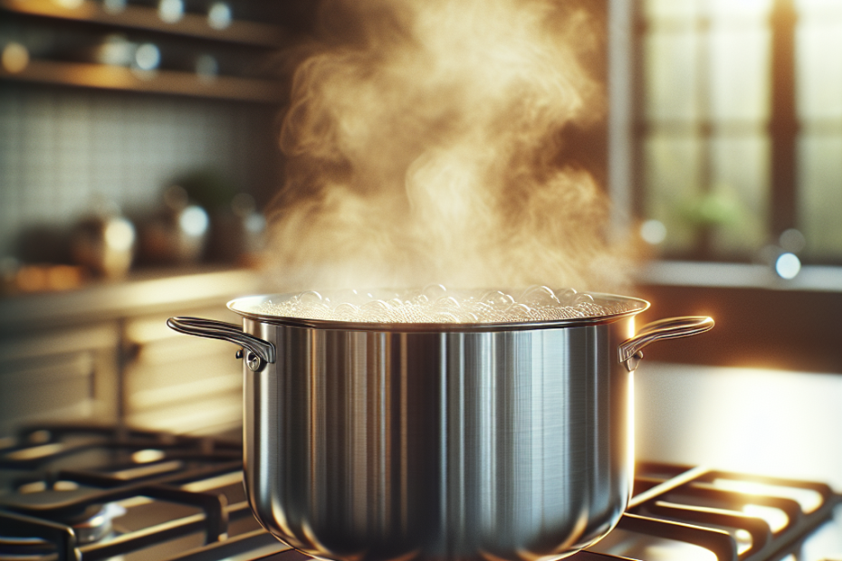 A large stainless steel pot filled with boiling water and steam rising, sitting on a modern gas stovetop. Soft focus kitchen background with warm, natural light streaming through a window, highlighting the pot's gleaming surface and the bubbling water inside.