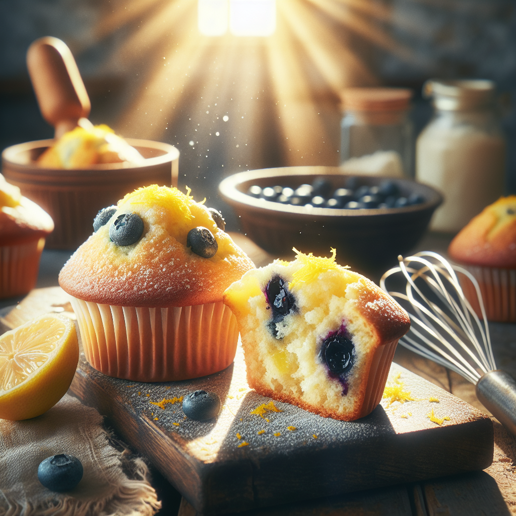 A close-up view of freshly baked Lemon Blueberry Muffins, with one muffin sliced in half to reveal its fluffy interior dotted with vibrant blueberries and a hint of lemon zest. The scene is set in a cozy kitchen, softly blurred in the background, with a rustic wooden table and a vintage whisk resting nearby. Warm golden light streams in from a window, enhancing the muffins' inviting texture and the bright yellow of the lemon zest, creating a cheerful and appetizing atmosphere.