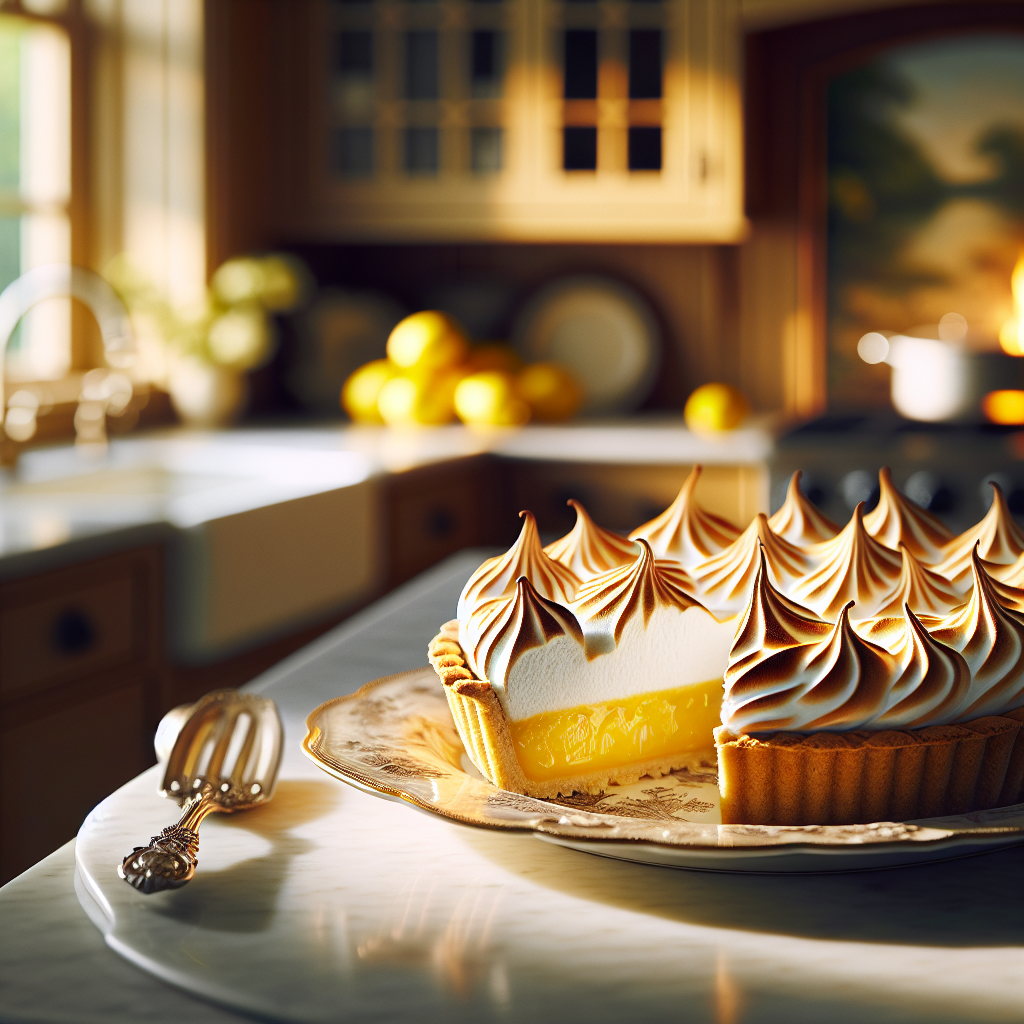 A beautifully sliced lemon meringue pie sits on a delicate porcelain plate, showcasing its glossy, golden-brown meringue and vibrant yellow filling. The background features a softly blurred, cozy home kitchen with warm wooden cabinets and a hint of fresh lemons on the countertop, evoking a sense of comfort and home baking. Soft, natural light filters through a nearby window, enhancing the pie's textures and illuminating the scene with a cheerful, inviting atmosphere.