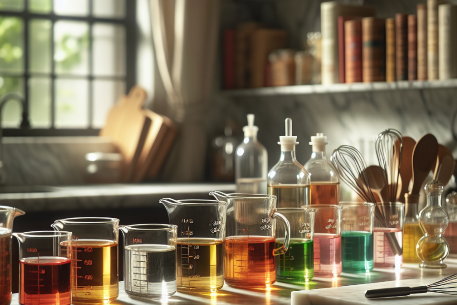 A set of glass liquid measuring cups filled with various colorful liquids, arranged on a marble kitchen counter. Soft natural light streams in from a nearby window, creating a warm and inviting atmosphere, while a blurred cookbook and whisk can be seen in the background.