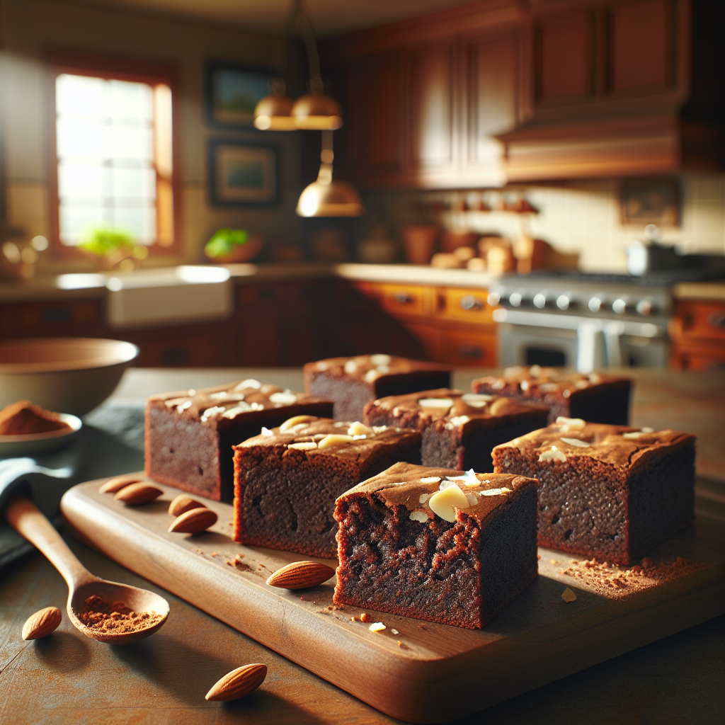 A close-up shot of freshly baked low-carb almond flour brownies, sliced to reveal their moist, fudgy interior, is placed on a rustic wooden cutting board. The background features a softly blurred home kitchen, with warm wood cabinetry and scattered baking utensils hinting at recent culinary activity. Soft, natural light streams in from a nearby window, casting gentle shadows and enhancing the rich, chocolatey tones of the brownies, while a sprinkle of chopped nuts and a dusting of cocoa powder add an inviting touch.