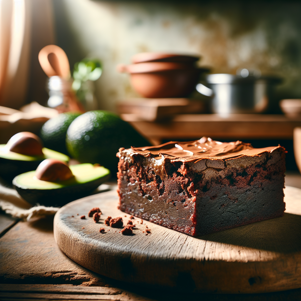 A close-up of a decadent slice of Low-Carb Avocado Keto Brownies, revealing a rich and creamy interior, sitting on a rustic wooden cutting board. The background softly blurs into a cozy home kitchen setting, adorned with fresh avocados and baking ingredients, enhancing the culinary ambiance. Warm, natural light streams in from a nearby window, casting gentle shadows and highlighting the textured surface of the brownies.