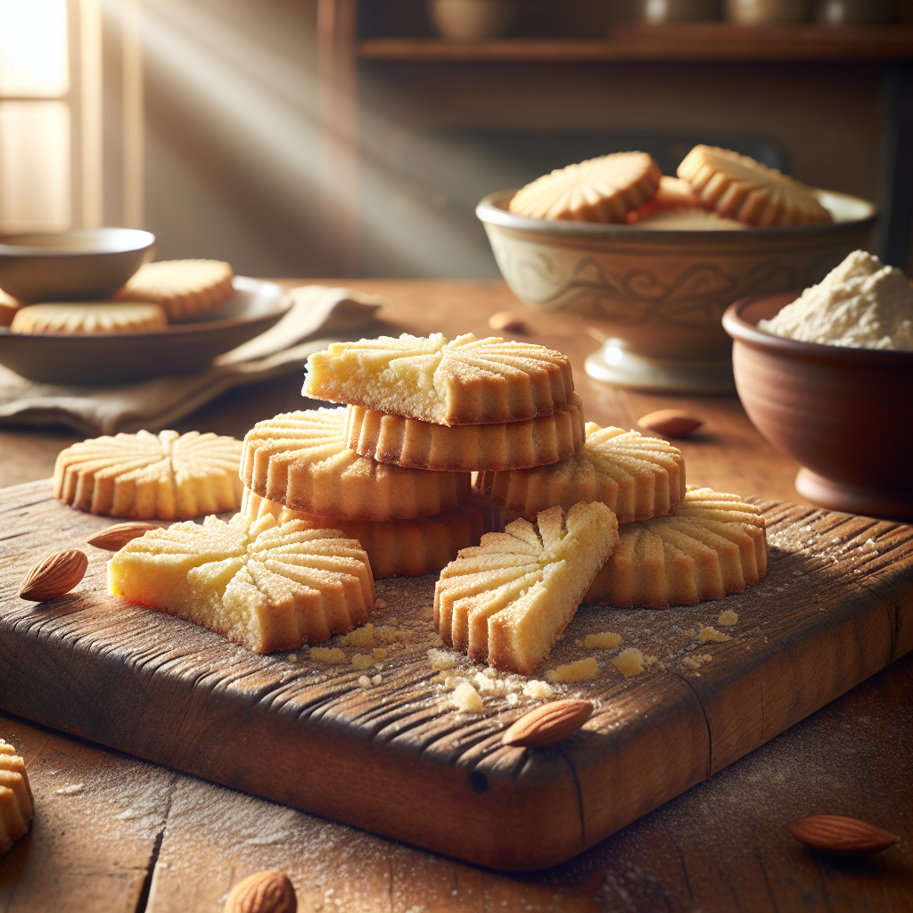 A close-up of freshly baked Low Carb Shortbread Cookies, sliced to reveal their crumbly texture and golden edges, elegantly arranged on a rustic wooden cutting board. The background features a softly blurred kitchen setting, with light streaming in from a nearby window, creating a warm and inviting atmosphere. Subtle details include a sprinkle of almond flour and a delicate ceramic bowl holding a few extra cookies, enhancing the scene's realism and inviting the viewer to indulge.