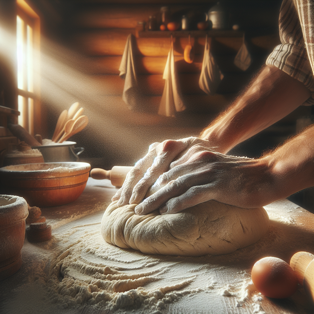 A close-up of hands kneading dough to make bread by hand, showcasing the texture of the floury mixture and the warmth of the baker's touch. The background reveals a softly blurred home kitchen, with warm wood tones and rustic kitchen tools subtly hinting at a cozy, lived-in space. Soft, natural light streams in, illuminating the scene and enhancing the rich colors of the dough, with scattered flour and a wooden rolling pin nearby, creating an inviting and homely atmosphere.