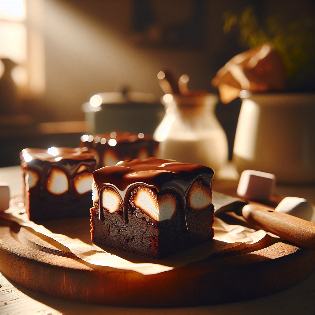 Close-up of rich, gooey marshmallow brownies, freshly cut to reveal their fudgy interior and topped with a glossy chocolate glaze, elegantly placed on a rustic wooden cutting board. The soft glow of warm afternoon sunlight floods the kitchen, accentuating the brownies' decadent texture while the softly blurred background hints at a cozy, inviting home kitchen filled with baking tools and a vase of fresh herbs. Shadows dance delicately across the scene, enhancing the overall warmth and inviting atmosphere.