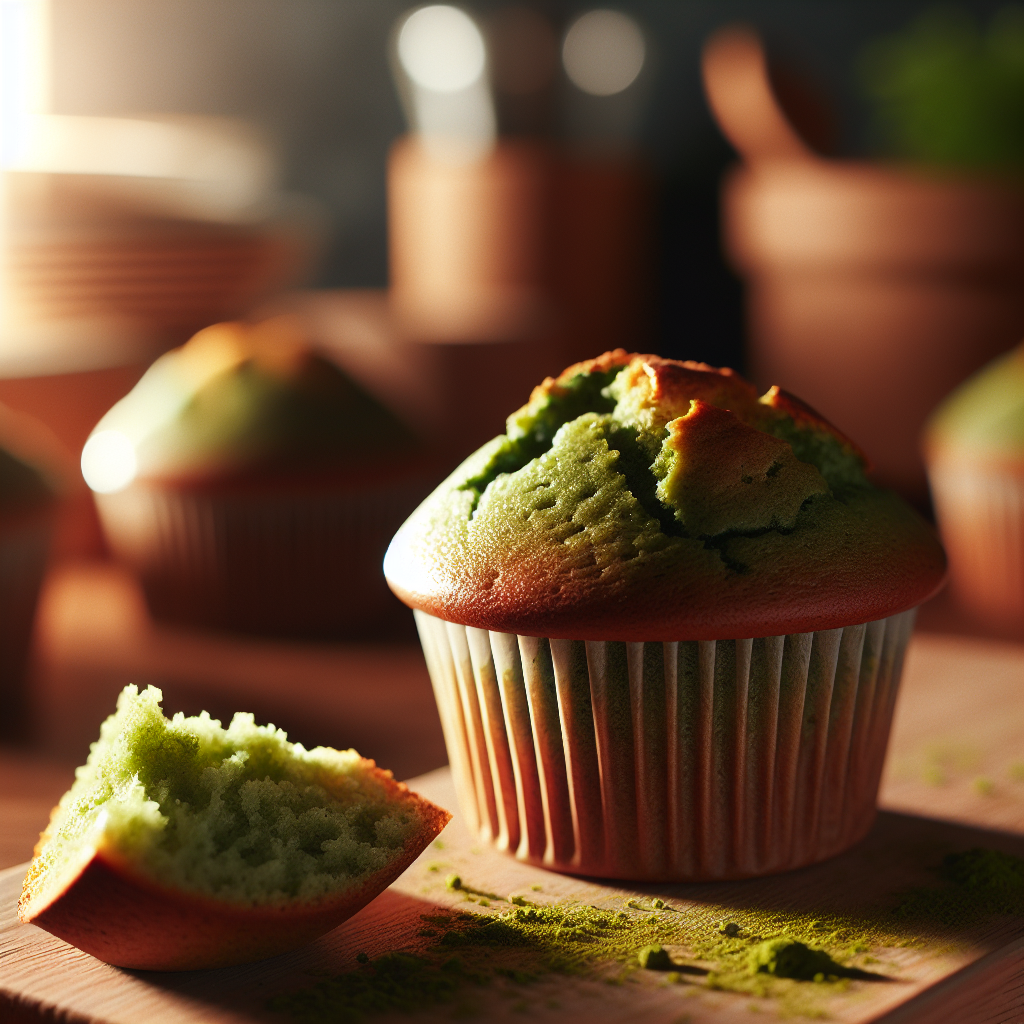 A close-up view of freshly baked, golden-brown Matcha Muffins, some sliced open to reveal their moist, vibrant green interior, showcasing a sprinkle of matcha powder on top. Set in a cozy home kitchen with wooden countertops, the background softly blurred to emphasize the muffins while hinting at baking utensils and a potted plant. Bright, warm lighting enhances the textures and colors, creating an inviting atmosphere perfect for a delightful morning treat.