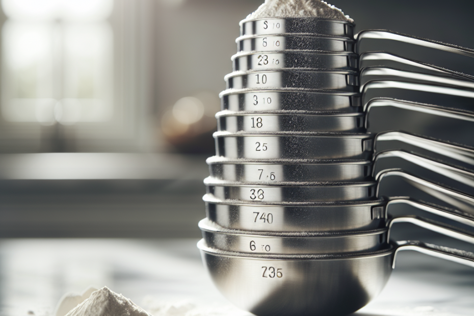 Stainless steel measuring spoons arranged in a neat stack on a marble countertop, with flour and sugar particles dusting the edges. Soft, natural light filters through a nearby window, casting gentle shadows and highlighting the metallic sheen of the spoons against the blurred background of a cozy kitchen.