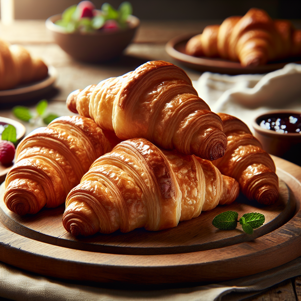 Close-up of golden-brown microwave croissants, flaky layers revealing a soft, buttery interior, elegantly arranged on a rustic wooden cutting board. The kitchen background is softly out of focus, hinting at a cozy home setting with warm, ambient lighting that highlights the croissants' texture. A small dish of raspberry jam and a sprig of fresh mint accompany the scene, enhancing the inviting atmosphere of a leisurely breakfast.