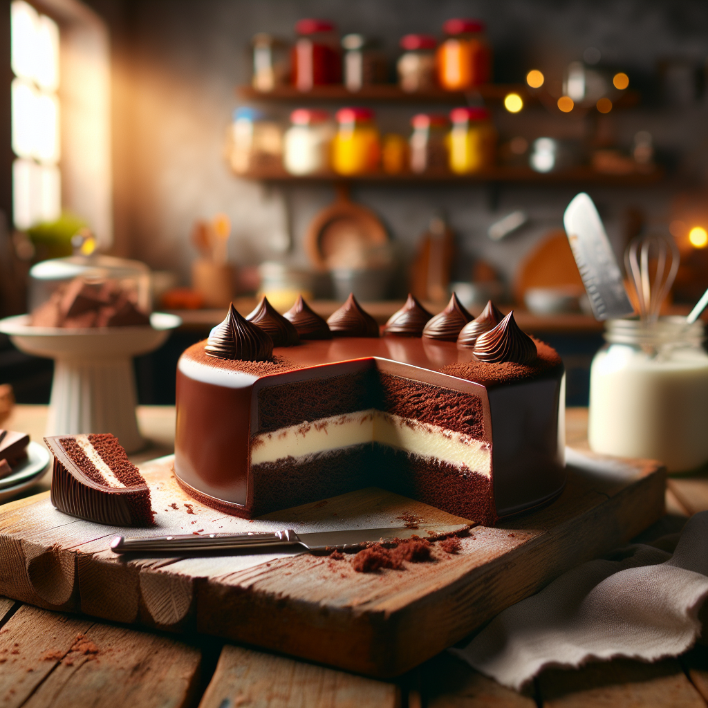 A beautifully sliced Milka Cake, showcasing its rich chocolate layers and creamy filling, sits invitingly on a rustic wooden cutting board. The home kitchen setting features blurred elements of colorful ingredient jars and baking tools in the background, softly illuminated by warm, natural light that enhances the cake's glossy finish. Delicate crumbs and a small knife rest nearby, adding to the inviting and homey atmosphere.