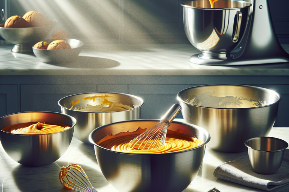 A set of stainless steel mixing bowls filled with colorful cake batter, positioned on a marble countertop with a whisk resting across one bowl. Soft, natural light streams in from a nearby window, illuminating the glossy surfaces and creating gentle shadows, while a slightly out-of-focus kitchen backdrop showcases a stand mixer and baking ingredients in the background.