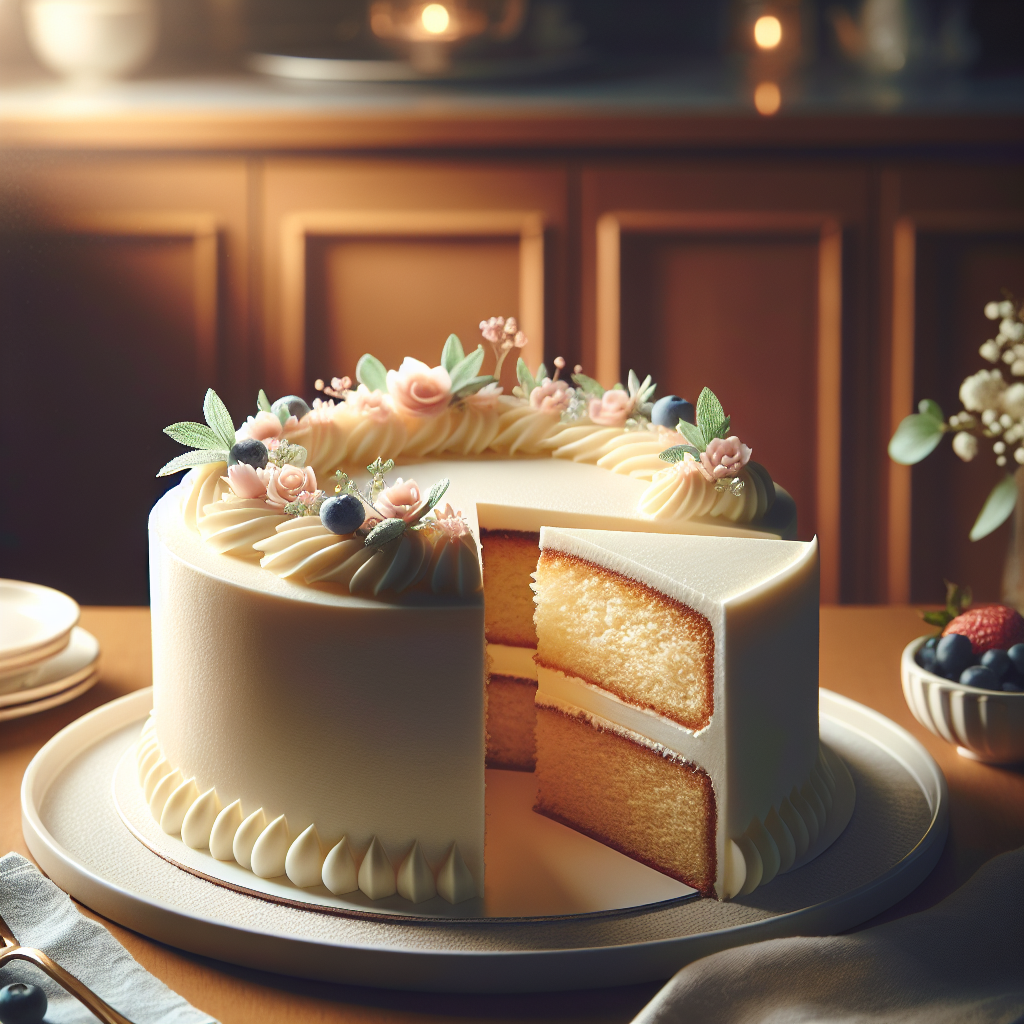 A close-up view of a Moist Vanilla Birthday Cake, elegantly sliced to reveal its soft, fluffy layers and creamy white frosting adorned with delicate pastel decorations. The scene is set in a cozy home kitchen, with a slightly blurred background featuring wooden cabinets and a softly lit countertop. The warm, inviting light creates a joyful atmosphere, highlighting the cake’s glossy surface and the small touches of fresh berries and sprigs of mint placed artfully around it.