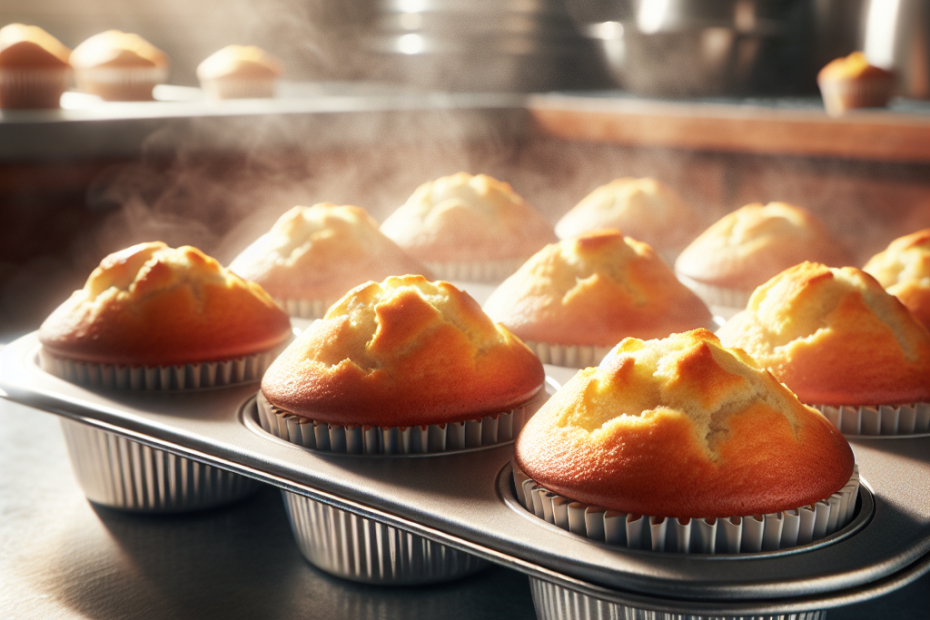 A stainless steel muffin tin filled with freshly baked, golden-brown muffins, steam rising gently from their domed tops. Soft focus kitchen counter in the background, with warm natural light streaming in from a nearby window, highlighting the tin's gleaming surface and the muffins' appetizing texture.