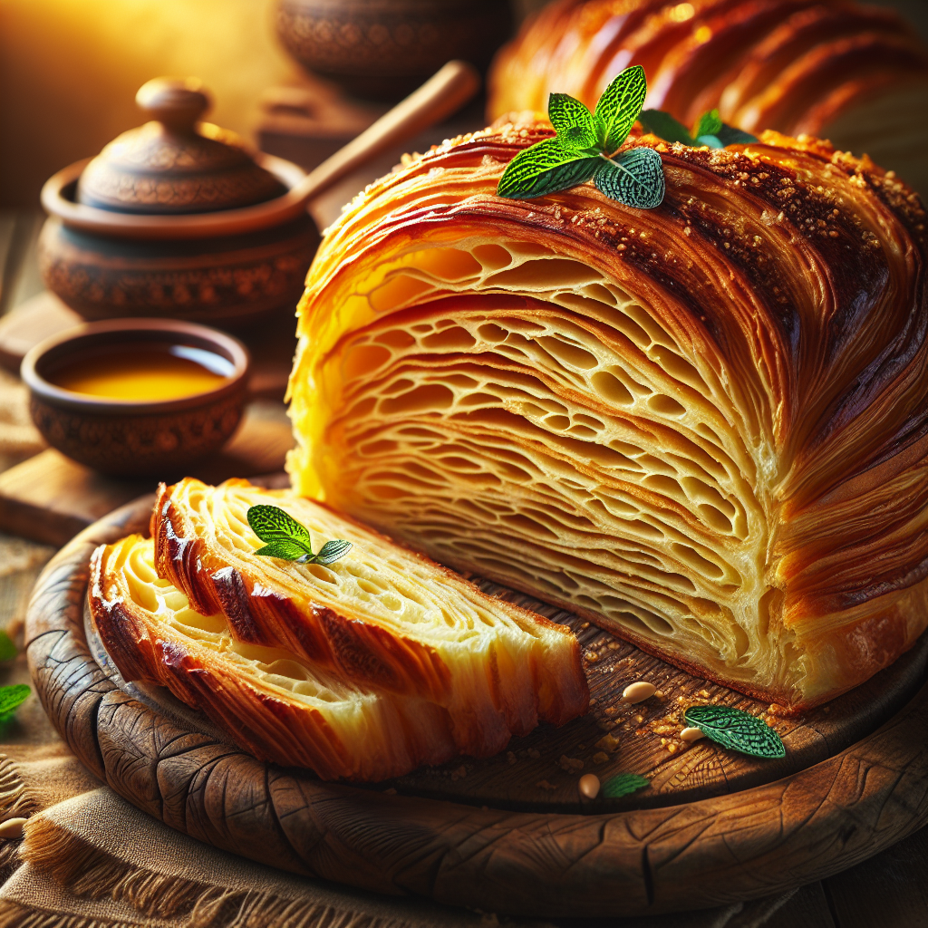 Close-up of a beautifully arranged Multi-Layered Malawah, with a slice cut to reveal its flaky, golden layers and subtle steam rising from it, resting on a rustic wooden cutting board. The background features a softly blurred home kitchen setting with warm tones, enhanced by the soft glow of ambient lighting, creating a cozy and inviting atmosphere. Complementary elements such as a small bowl of honey and a sprig of mint accompany the Malawah, adding to the realistic culinary context.