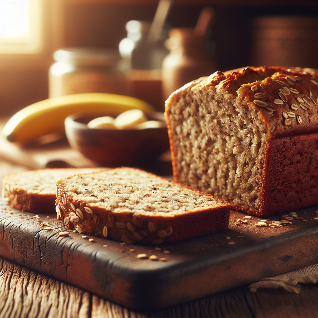 A close-up of a freshly baked multigrain banana bread, sliced to reveal its moist, speckled interior, resting on a rustic wooden cutting board. In the softly blurred background, a warm and inviting home kitchen is hinted at, with sunlight pouring in through a window, accentuating the rich textures of the bread and the wooden aesthetics. The scene is bathed in a gentle, golden glow, complemented by scattered ingredients like ripe bananas and a small dish of honey, enhancing the cozy and homely atmosphere.