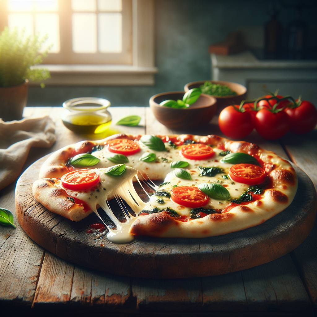 A perfectly baked naan pizza is placed on a rustic wooden cutting board, topped with vibrant red tomatoes, melted mozzarella cheese, and fresh basil leaves, with a slice pulled away to reveal its deliciously gooey interior. The background features a home kitchen, slightly out of focus, with warm, inviting light filtering through a window, casting soft shadows across the counter. Nearby, a small bowl of olive oil and a sprig of herbs add a touch of culinary charm, enhancing the inviting atmosphere of this delicious dish.