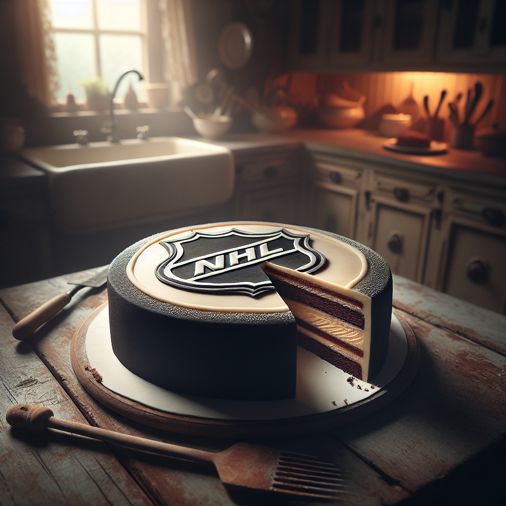 A beautifully crafted NHL Hockey Puck Cake sits on a rustic wooden kitchen counter, a slice expertly cut to reveal its rich, layered interior filled with dark chocolate and creamy vanilla frosting. The blurred background features kitchen utensils and a softly glowing window, creating a warm, inviting atmosphere. Gentle, warm lighting enhances the cake’s glossy frosting and highlights the textures, making the scene feel both homey and celebratory.