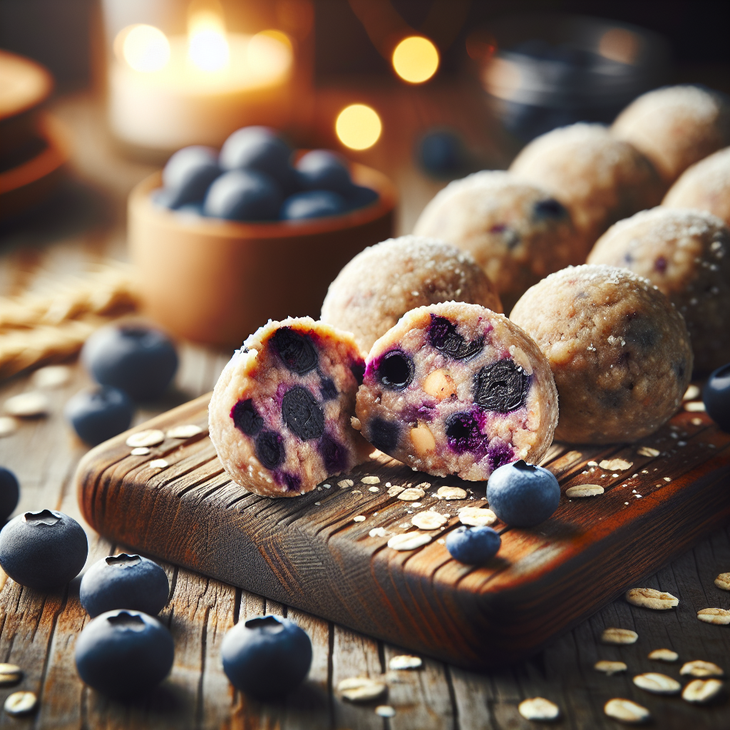 A close-up of No-Bake Blueberry Cookie Balls arranged on a rustic wooden cutting board, with one cookie ball cut in half to reveal its chewy texture and vibrant blueberries inside. The background features a softly blurred kitchen setting, accented by a mix of natural light and warm tones, creating a cozy culinary atmosphere. Fresh blueberries and a few scattered oats enhance the scene, inviting viewers to indulge in this delicious and healthy treat.