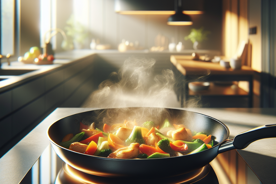 A sleek black non-stick skillet sizzling with vibrant vegetables and golden chicken pieces, resting on a modern glass stovetop. Soft natural light filters through a nearby window, casting a warm glow on the polished kitchen counter in the background, while steam rises gently from the pan.