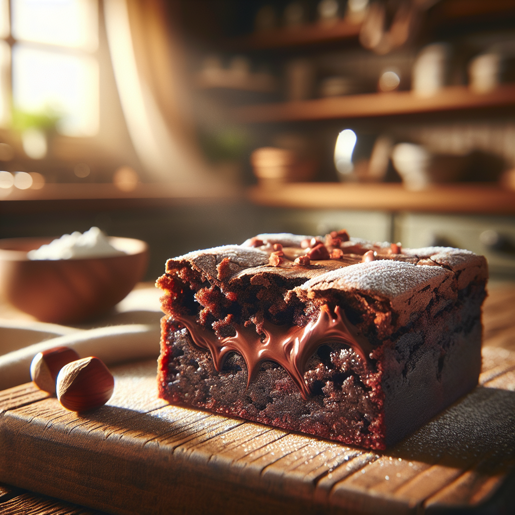 A close-up of a decadent Nutella brownie, freshly cut to reveal its rich, gooey interior, sitting on a rustic wooden cutting board. The cozy kitchen background is softly blurred, highlighting the warm, inviting atmosphere filled with subtle kitchen accessories and a hint of sunlight filtering through a window. The scene is enhanced by a gentle glow, emphasizing the brownie’s luscious texture and a light sprinkle of powdered sugar atop, creating a delightful and appetizing vibe.