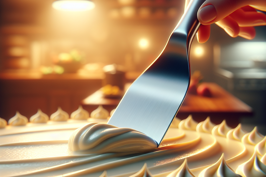 An offset spatula smoothing creamy frosting on a freshly baked cake, with a blurred kitchen counter in the background. Soft, warm lighting illuminates the scene, highlighting the gleaming stainless steel of the spatula and the velvety texture of the frosting.