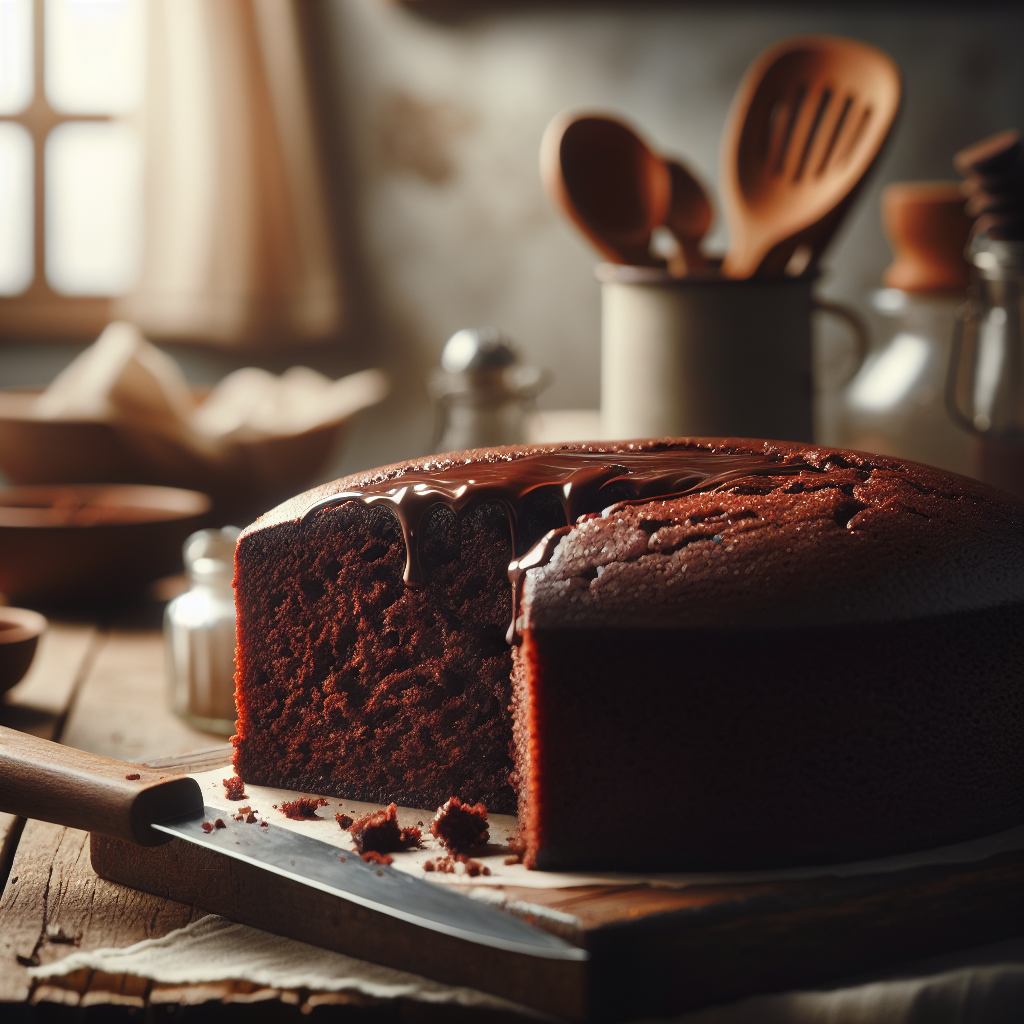 A close-up view of a moist, rich One-Pan Chocolate Cake, beautifully sliced to reveal its fudgy interior, sits invitingly on a rustic wooden cutting board. In the softly blurred background, a cozy home kitchen is adorned with natural light streaming through a window, highlighting the subtle textures of kitchen utensils and ingredients laid out nearby. The scene is enhanced by delicate shadows and a warm atmosphere, creating an inviting and mouthwatering presentation.