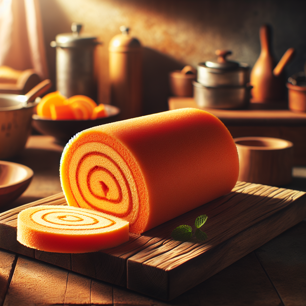 A beautifully crafted Orange Swiss Roll Cake is elegantly sliced, revealing its vibrant orange filling and soft sponge texture, subtly resting on a rustic wooden cutting board. The background features a softly blurred kitchen setting, with hints of vintage cookware and fresh ingredients, creating an inviting culinary atmosphere. The scene is warmly lit, with sunlight filtering through a nearby window, enhancing the cake's inviting colors and soft textures.