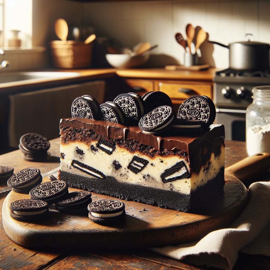 A decadent slice of Oreo Cheesecake Brownies sits on a rustic wooden cutting board, showcasing its rich layers of creamy cheesecake interspersed with crushed Oreo cookies. The kitchen background is softly blurred, revealing warm, inviting countertops adorned with baking essentials like a whisk and a flour canister. Bright, natural light streams in from a nearby window, casting gentle shadows and highlighting the glossy chocolate ganache on top, while a few Oreo cookies are casually placed around the scene to enhance the culinary appeal.