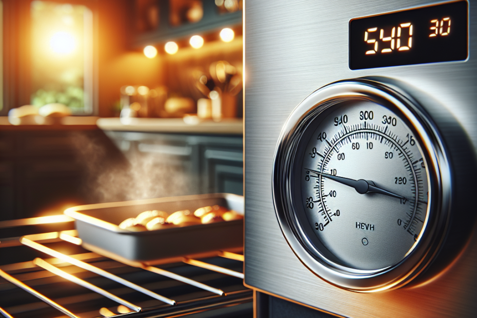 A stainless steel oven thermometer prominently displayed inside a partially open oven, its dial clearly visible and indicating a high temperature. The background shows a softly blurred modern kitchen with warm, golden lighting, creating a cozy atmosphere. Steam rises subtly from a baking dish visible on the oven rack beside the thermometer.