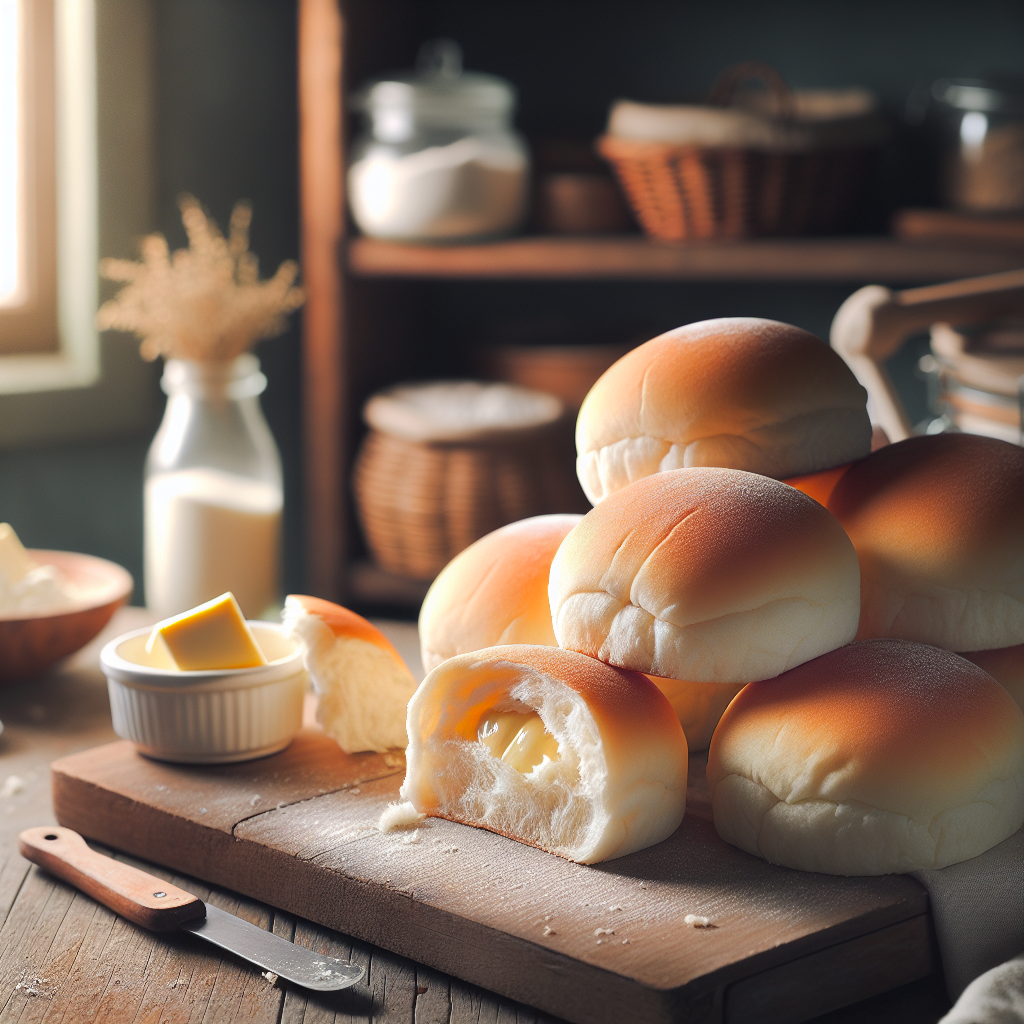 A close-up of freshly baked pandesal bread rolls, golden brown with a soft, fluffy texture, showcasing a cut roll to reveal its warm, airy interior. The scene is set in a cozy home kitchen, with a lightly blurred background featuring rustic wooden shelves and a scattering of flour and baking tools. Soft, natural light spills in from a nearby window, creating an inviting atmosphere that highlights the rolls' warm crust and inviting aroma, while a small dish of butter and a jar of homemade jam are placed nearby to enhance the culinary context.