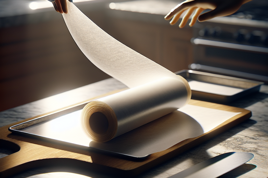 A roll of parchment paper being unrolled onto a wooden cutting board, with a partially visible cookie sheet nearby. Soft natural light streams in from the left, illuminating the translucent paper and creating subtle shadows. In the blurred background, a granite countertop and stainless steel appliances hint at a modern kitchen setting.