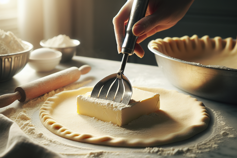 A stainless steel pastry blender in action, cutting cold butter into flour for pie crust on a marble countertop. Soft natural light streams in from a nearby window, illuminating the scene with a warm glow, while a dusting of flour and a partially rolled pie crust are visible in the background.