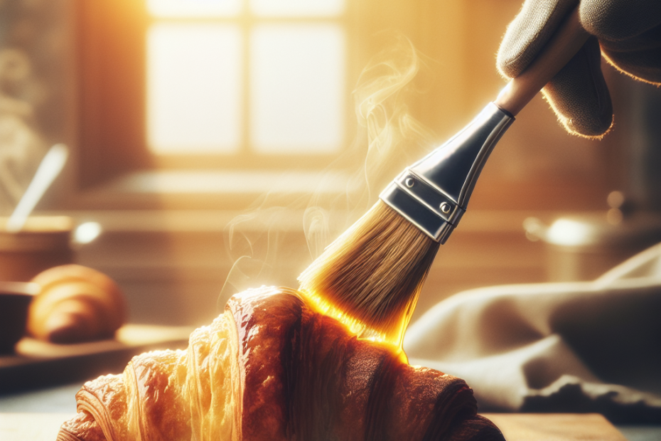 A pastry brush with soft bristles brushing melted butter onto a golden, flaky croissant. The background is a blurred kitchen counter with warm, diffused light streaming in from a nearby window. Subtle steam rises from the freshly baked pastry, emphasizing the inviting atmosphere of a cozy bakery setting.