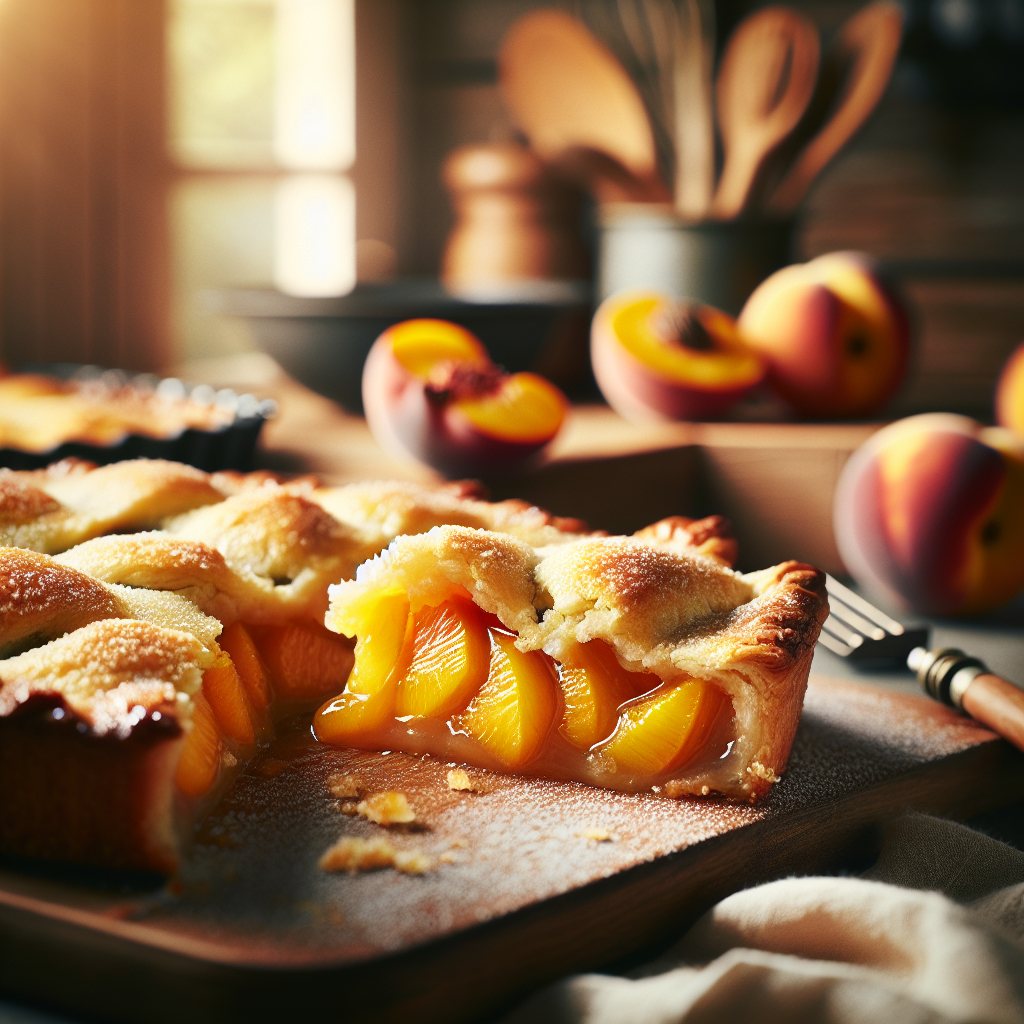 A close-up shot of a freshly baked peach cobbler, with a slice cut out to showcase the juicy, golden peaches and flaky crust, glistening with a light dusting of sugar. The rustic kitchen setting features a wooden countertop, with muted utensils and a blurred background of warm kitchen cabinetry, hinting at a welcoming atmosphere. Soft, natural light streams in from a nearby window, highlighting the cobbler's texture and enhancing the scene's warm, inviting mood.