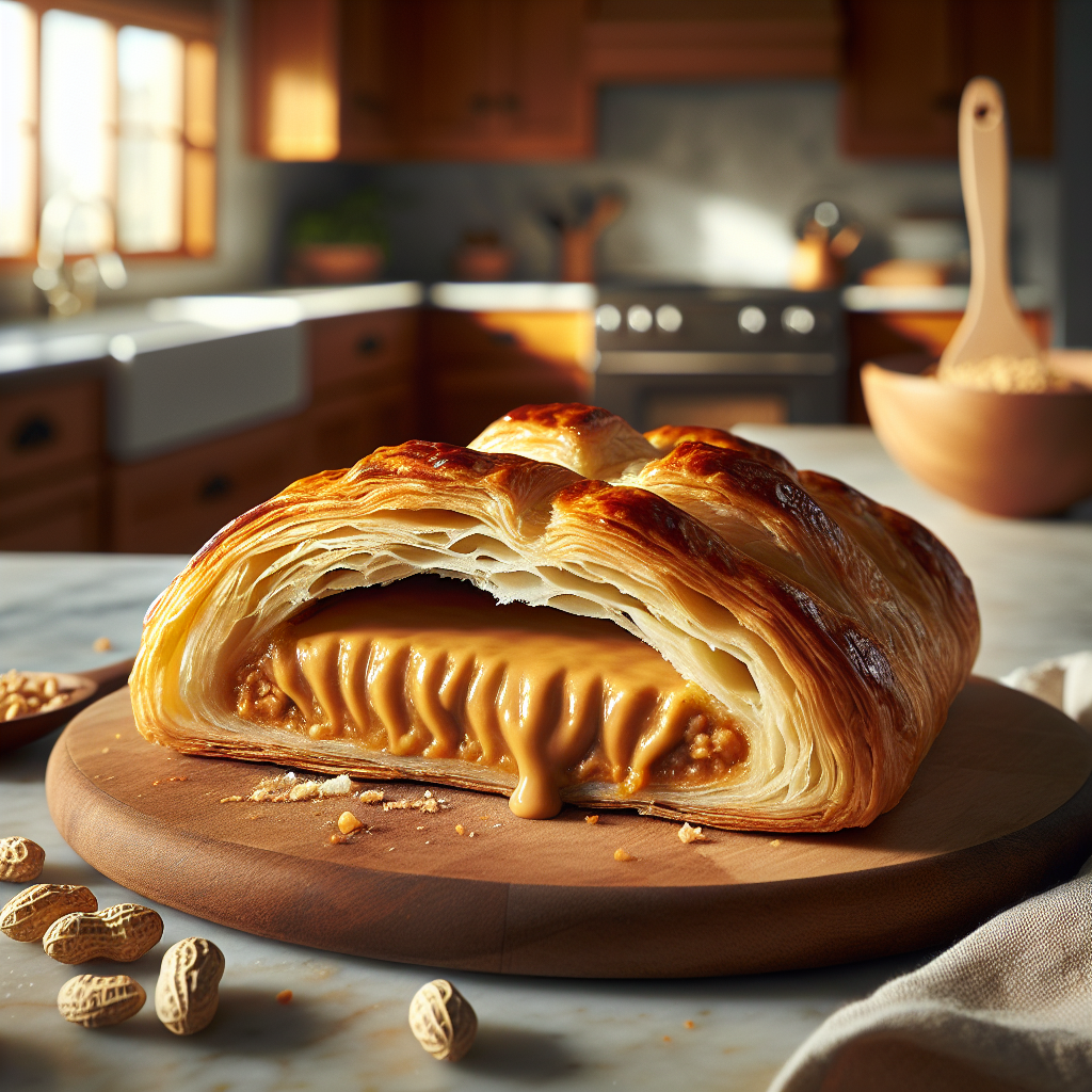 A perfectly baked Peanut Butter and Cheese Puff Pastry, golden and flaky, is displayed in a close-up, showcasing its gooey, rich filling as a slice has been cut out, revealing the delightful contrast between the savory cheese and the creamy peanut butter. The background features a softly blurred home kitchen with warm wooden cabinets and a marble countertop, creating an inviting, homey atmosphere. Bathed in bright, natural light filtering through a nearby window, the scene highlights the pastry's texture and sheen, while a small bowl of crushed peanuts and a wooden spatula rest nearby, adding to the culinary context.