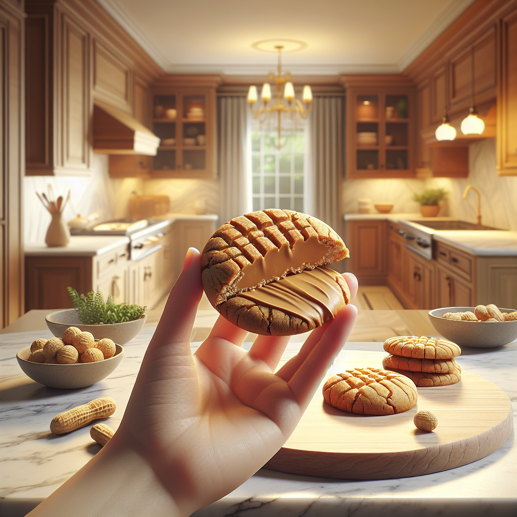 A close-up view of freshly baked peanut butter keto cookies, with one cookie cut in half to reveal its soft, chewy interior and glistening texture. In the softly blurred background, a cozy home kitchen features warm wood cabinetry and a marble countertop, creating an inviting atmosphere. The scene is illuminated by natural light streaming through a window, enhancing the rich golden brown color of the cookies while casting gentle shadows that accentuate their texture.