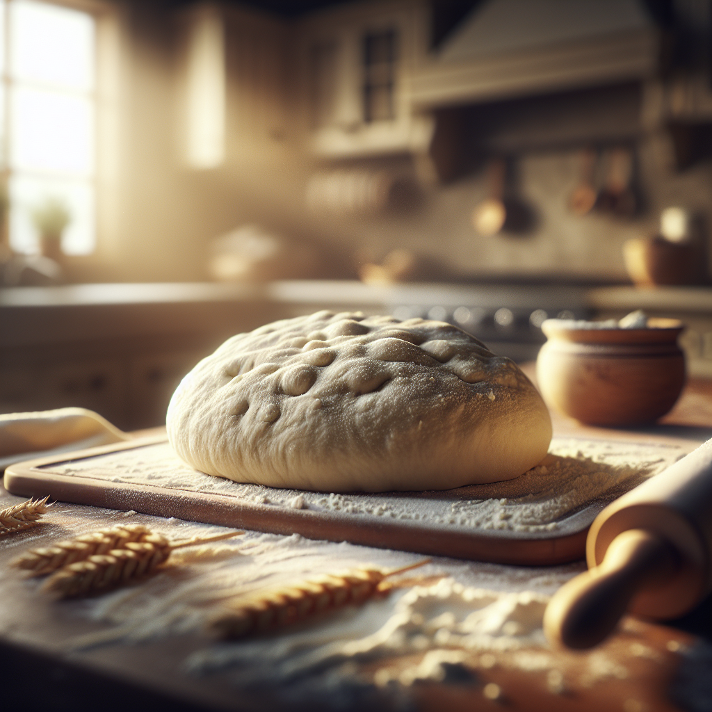 A close-up view of perfect pizza dough, freshly kneaded and showing its soft, airy texture with small bubbles forming on its surface, laid out on a well-floured wooden countertop. In the background, a softly blurred home kitchen with warm, inviting tones, featuring tools like a rolling pin and scattered flour, creates an authentic culinary atmosphere. The scene is illuminated by gentle, natural light streaming through a nearby window, enhancing the dough's golden hue and rich textures.