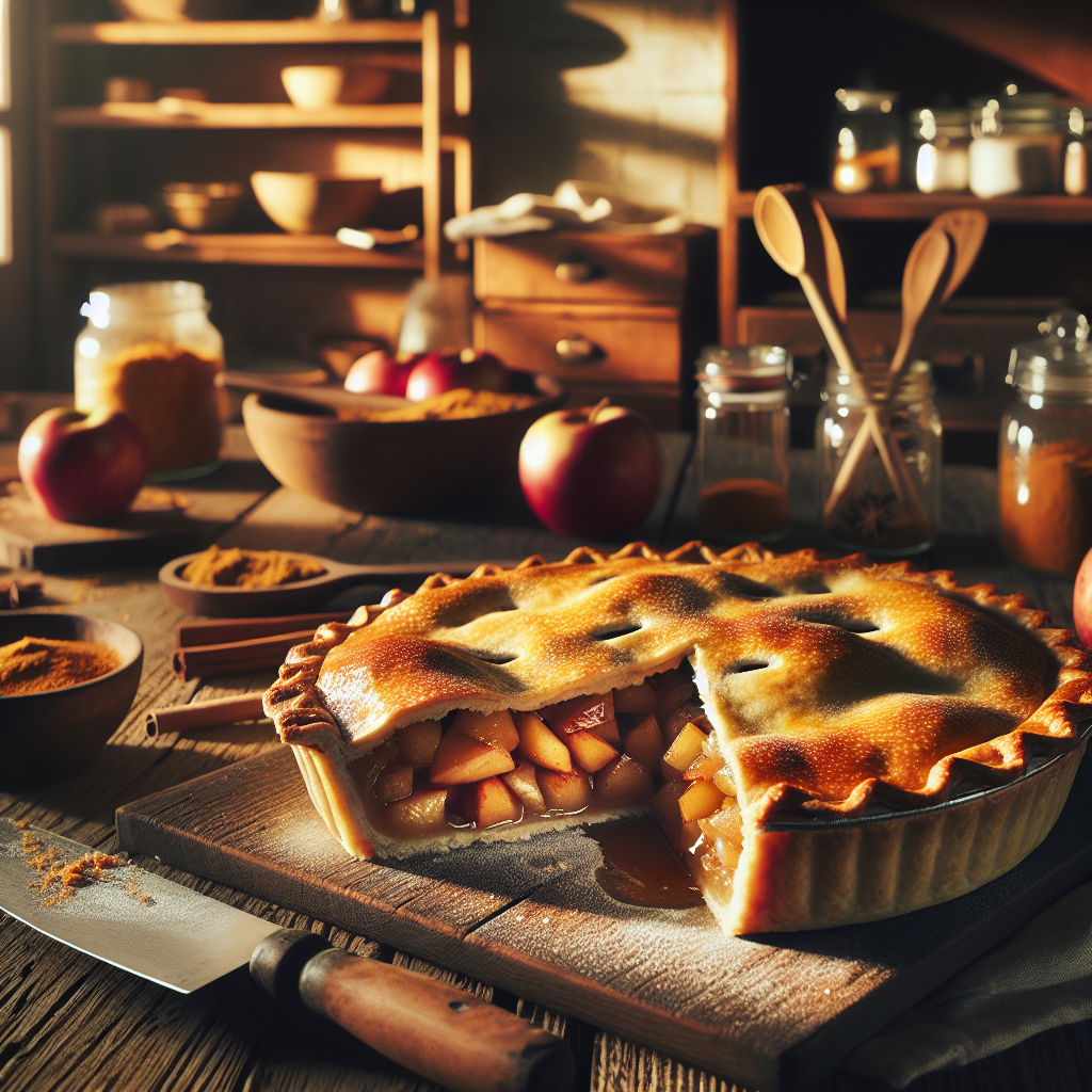 A freshly baked, golden-brown pie crust sits on a rustic wooden kitchen counter, a slice expertly cut to reveal a steaming, rich filling bursting with vibrant apples and spices. The blurred background features softly lit shelves adorned with baking tools and jars of ingredients, creating a cozy, inviting atmosphere. Warm sunlight pours in through a nearby window, highlighting the flaky texture of the crust and casting gentle shadows that enhance the visual depth of the scene.