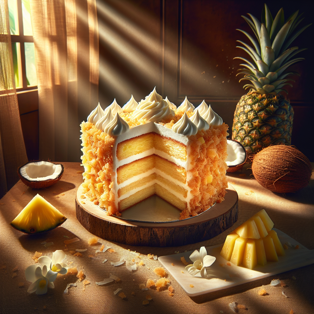 A beautifully presented slice of Pina Colada Crunch Cake, showcasing its layers of moist coconut and pineapple cake with a crunchy topping, glistening under a light drizzle of creamy frosting. The scene is set in a cozy home kitchen, with the background softly blurred to accentuate the cake, while warm, natural light streams in from a nearby window, creating inviting shadows and highlighting the cake’s textures. A few fresh pineapple slices and a coconut husk are artfully placed nearby, enhancing the tropical theme and adding a touch of freshness to the atmosphere.