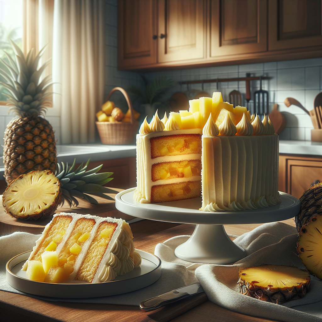 A beautifully sliced pineapple cake, showcasing its moist layers filled with tropical fruit chunks and creamy frosting, placed on an elegant white plate. In the background, a softly blurred home kitchen is visible, featuring warm wooden cabinets and natural elements like fresh pineapples and baking utensils scattered on the countertop. The scene is lit by warm, diffused sunlight streaming through a window, highlighting the cake’s rich textures and inviting colors, creating a cozy, inviting atmosphere perfect for enjoying a slice of dessert.