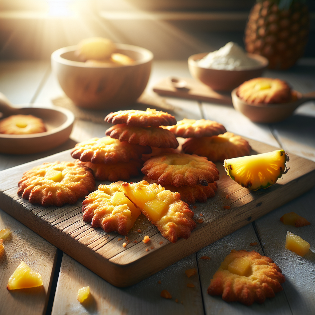 A freshly baked batch of pineapple cookies, golden brown with a crispy edge and soft center, is elegantly arranged on a rustic wooden cutting board, showcasing a cut cookie revealing the juicy, chewy interior. The background features a softly blurred kitchen countertop, adorned with scattered flour, a small bowl of crushed pineapple, and a wooden spoon, creating a warm and inviting culinary atmosphere. Natural sunlight streams through a nearby window, enhancing the cookies' texture and bringing a cozy, homey glow to the scene.